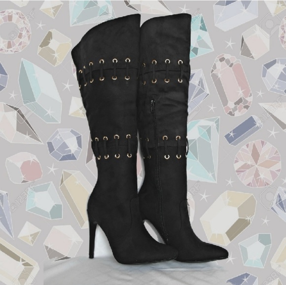 Calliah Heeled Boots Bn Black With Gold Grommets - Picture 4 of 6